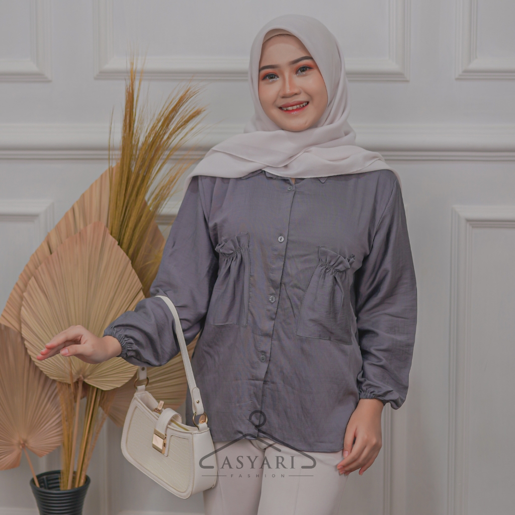 Asyari Blouse Kemeja Kerut Saku - Atasan Wanita Korea Terbaru