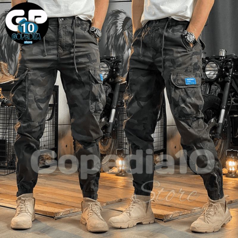 Gopedia Celana Panjang jogger cargo loreng Camoflase multi saku Pria dan wanita