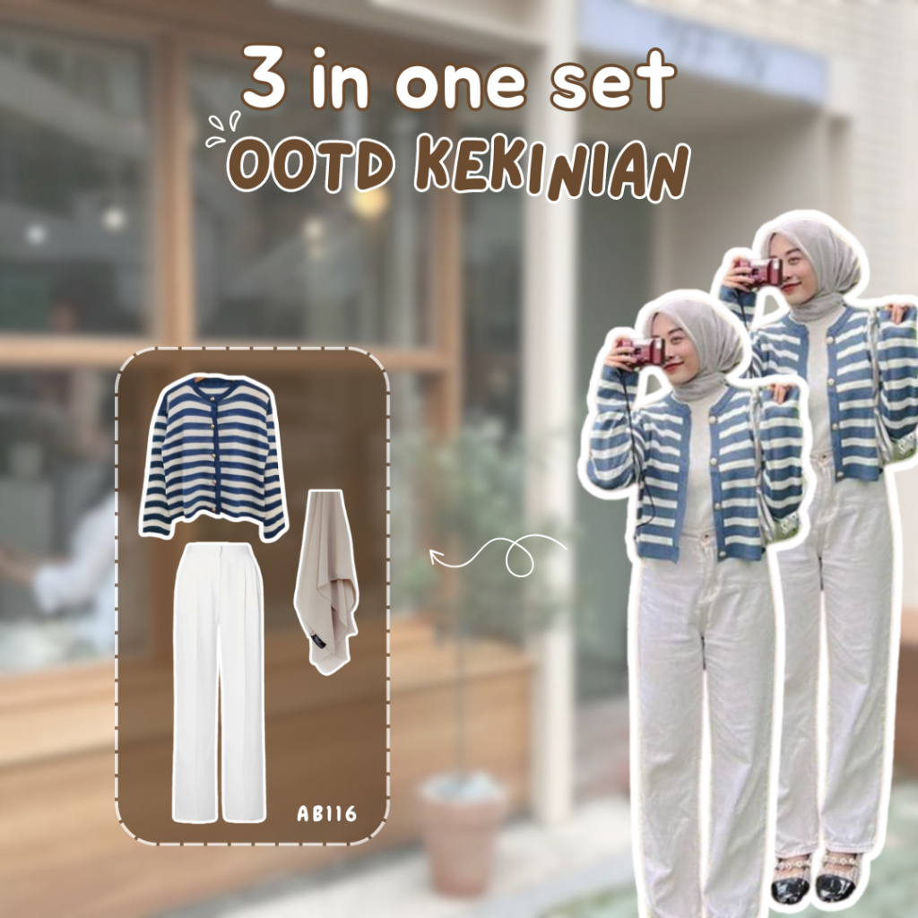 3 In 1 Set AB116 - Ootd One Set Anak Perempuan Kekinian | Outfit Pantai Hangout Simple Cardigan Stri