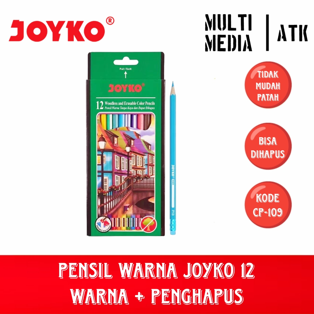 

JOYKO PENSIL WARNA + PENGHAPUS CP-109 12 WARNA