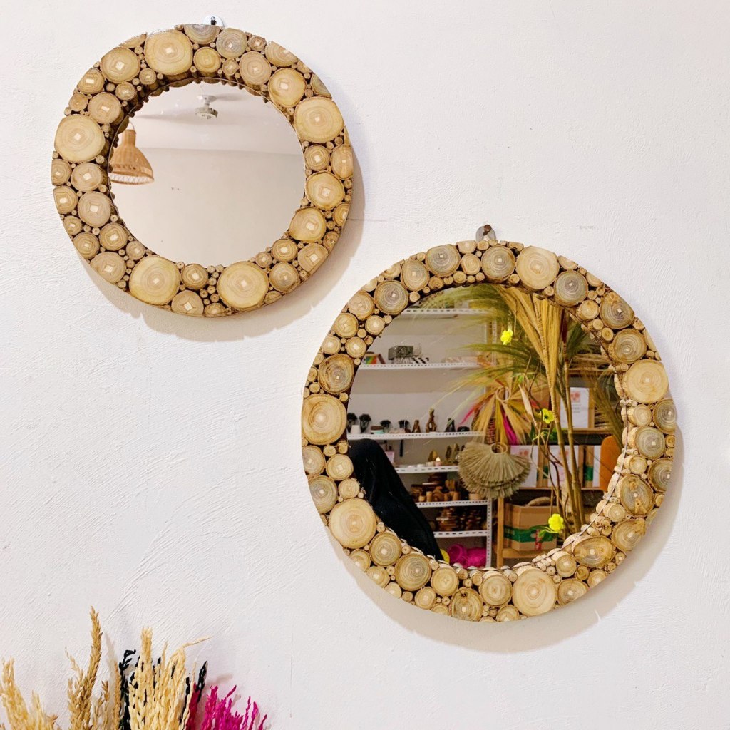 Cermin Bulat Kayu Cermin Woodslice Cermin Dinding Kaca Aesthetic Kayu