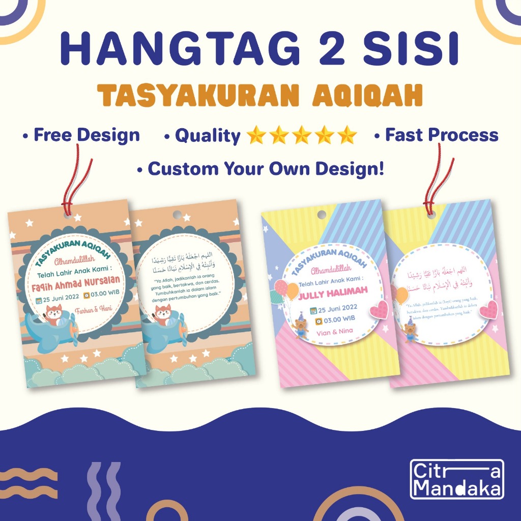 

Hang Tag Custom Souvenir Tasyakuran Aqiqah Kelahiran Bayi 2 Sisi