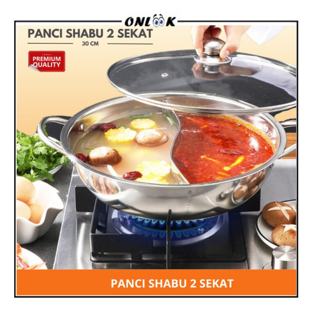 Panci Hotpot 2 Sekat Stainless 28Cm Suki Pan Hot Pot/ Mangkuk Rebus Soup Sayur Sop 2in1 Praktis