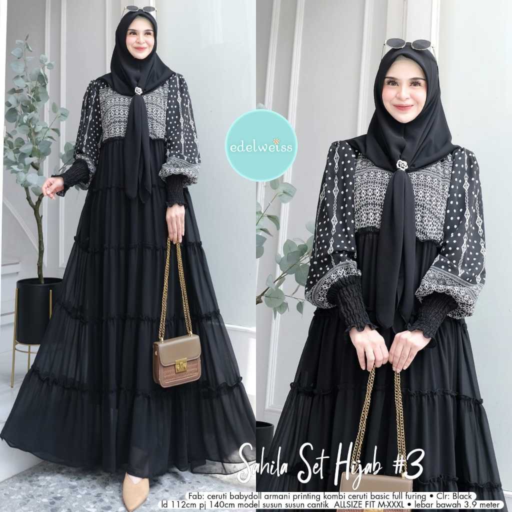 Sahlia Set Hijab Fab Ceruty Babydol Armani Printing Free Hijab  / Dres Cantik / Gamis Mewah by Edelw