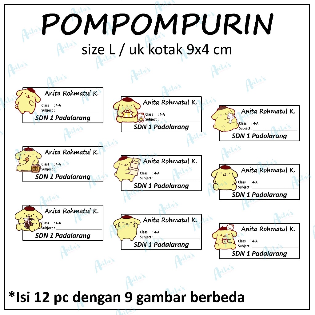 

12pc STIKER NAMA BUKU PELAJARAN ANAK SEKOLAH tema POMPOMPURIN | size L / 9x4 cm | CUSTOM