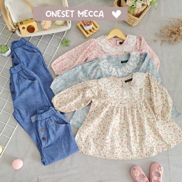 Ollet MECCA Oneset Setelan anak ala korea 2 1 tahun atasan katun jepang set celana jeans denim impor