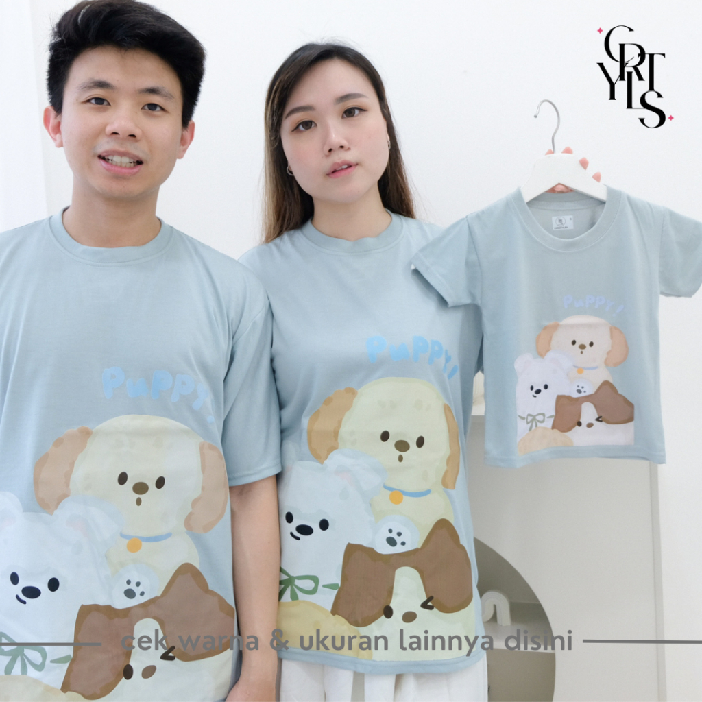 CAROTYLES  Baju Kaos Couple Keluarga Motif PUPPY Wanita Atasan Lengan Pendek dan Panjang Katun Caupl