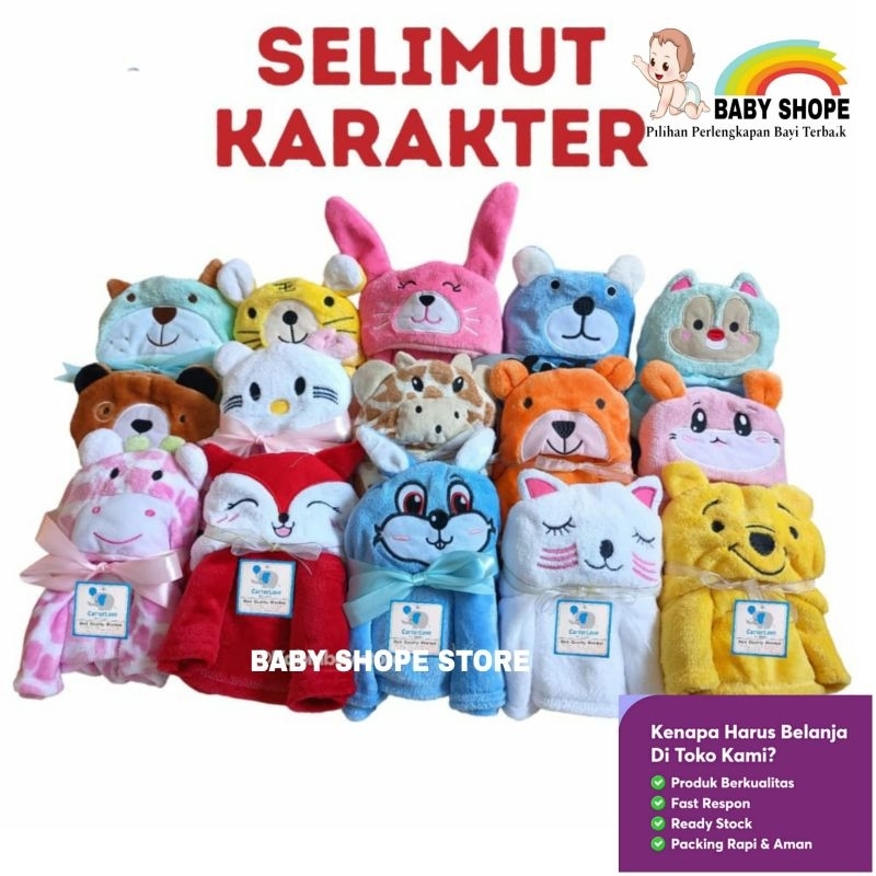 Selimut Bayi Topi Karakter Lucu Double Fleece Lembut