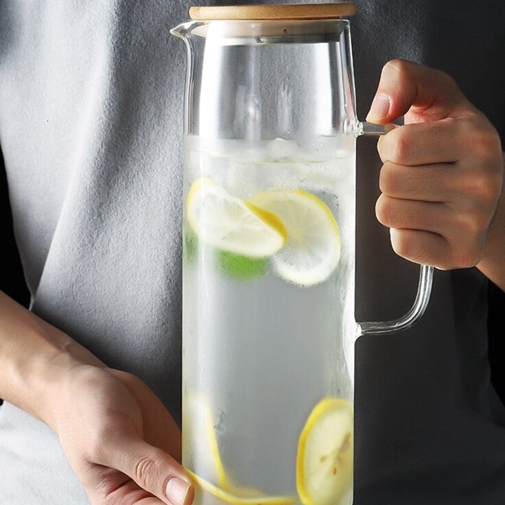 Terdepan Teko Pitcher Jug Kaca Tahan Panas dengan Tutup Kayu  Teko Tempat Minuman Bahan Kaca Tahan P