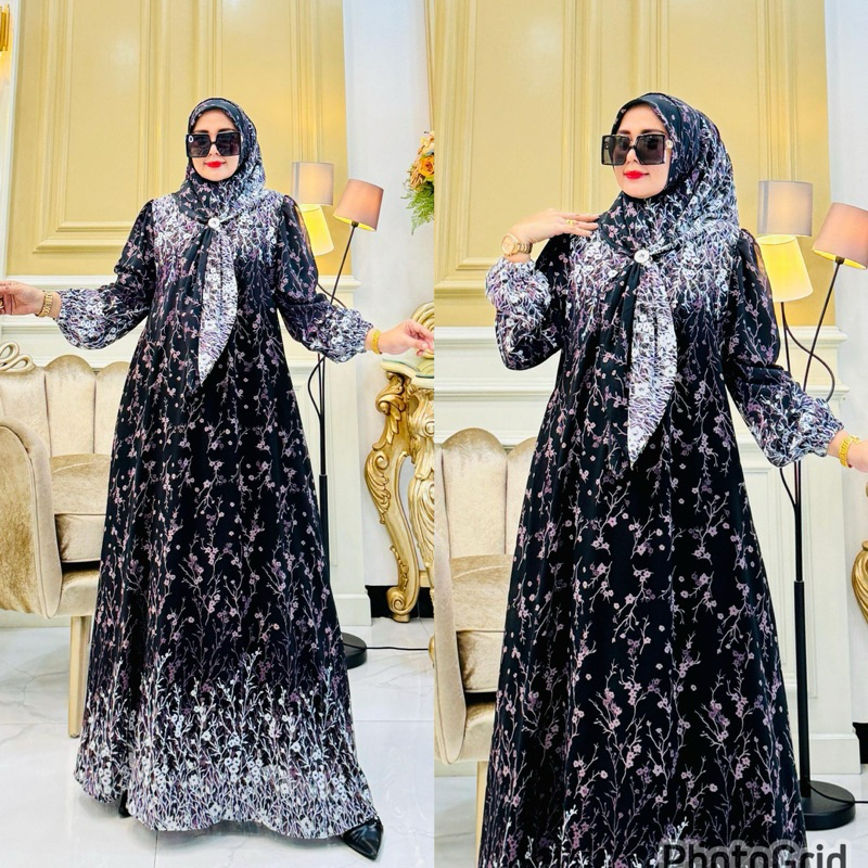 Jessika set hijab Arsyakayla//Stelan gamis hijab segi empat print//Gamis Arsyakayla