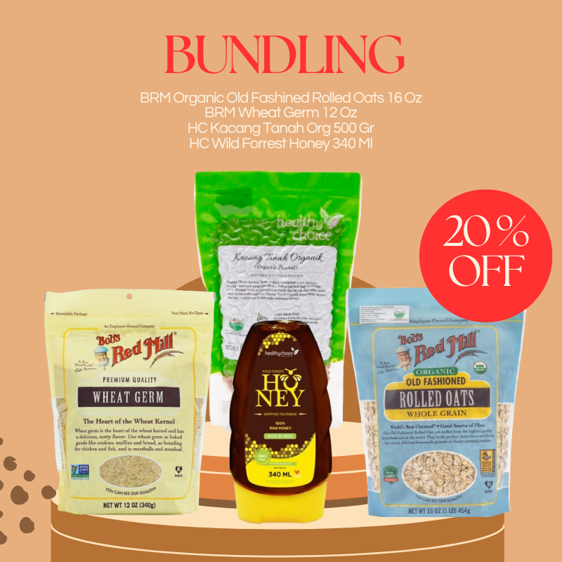 

Bundling Bob's Red Mill Organic Old Fashioned Regular Rolled Oat 454 gr , Bob's Red Mill Wheat Germ 340 gr , Healthy Choice Kacang Tanah Organik 500 gr & Healthy Choice Wild Forest Honey 340ml (Madu Hutan)