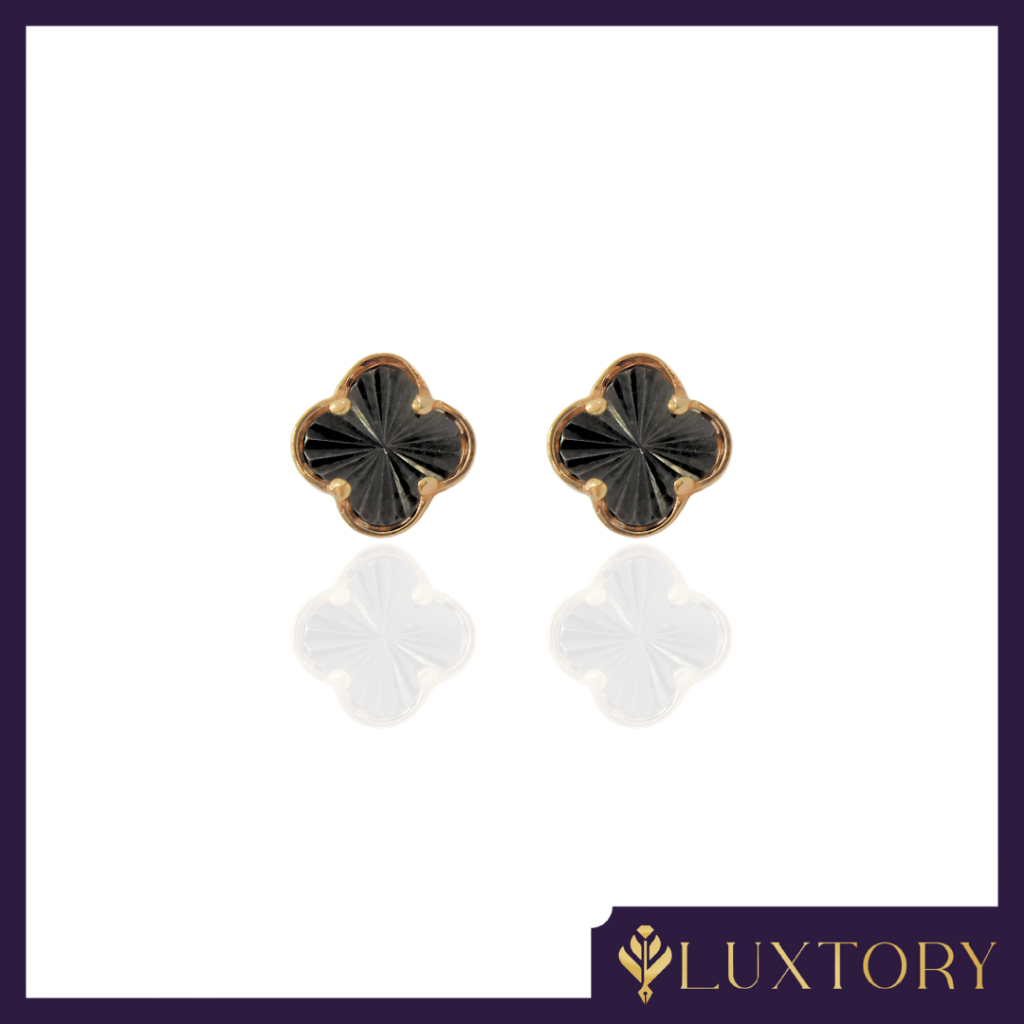 Giwang Emas Clover Keramik Hitam Ukir Permata 17K