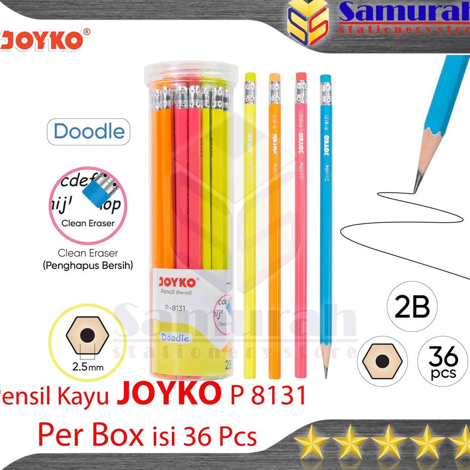 

Diskon Pensil Kayu Hapus Joyko 2B P8131 isi 36 pcs Hexagonal Wood Pencil Eraser Box