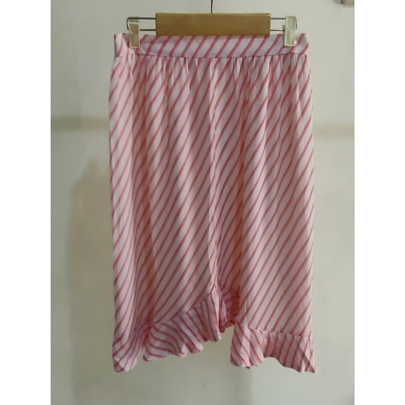 L*FT Skirt Midi Motif Strip Ruffle Polyester Bawahan Wanita Rok Sisa Eksport