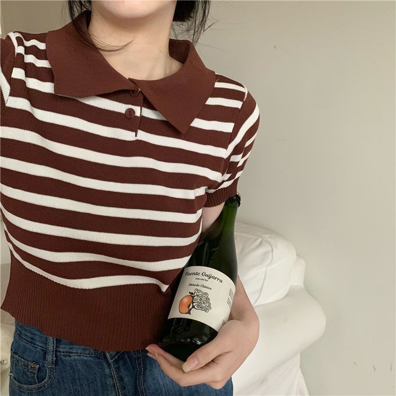 Baju Kerah Crop Top Import Korea Style Rajut Garis Striped