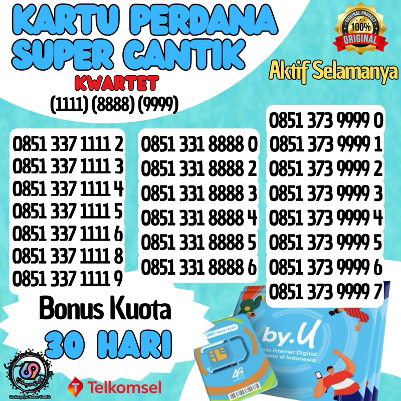 Nomor Super Cantik Couple Kwartet (1111)(8888)(9999) Kartu Perdana by.U Telkomsel (Bonus Kuota 30har