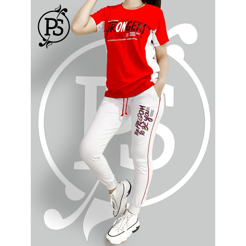 setelan tshirt merah joger putih panjang