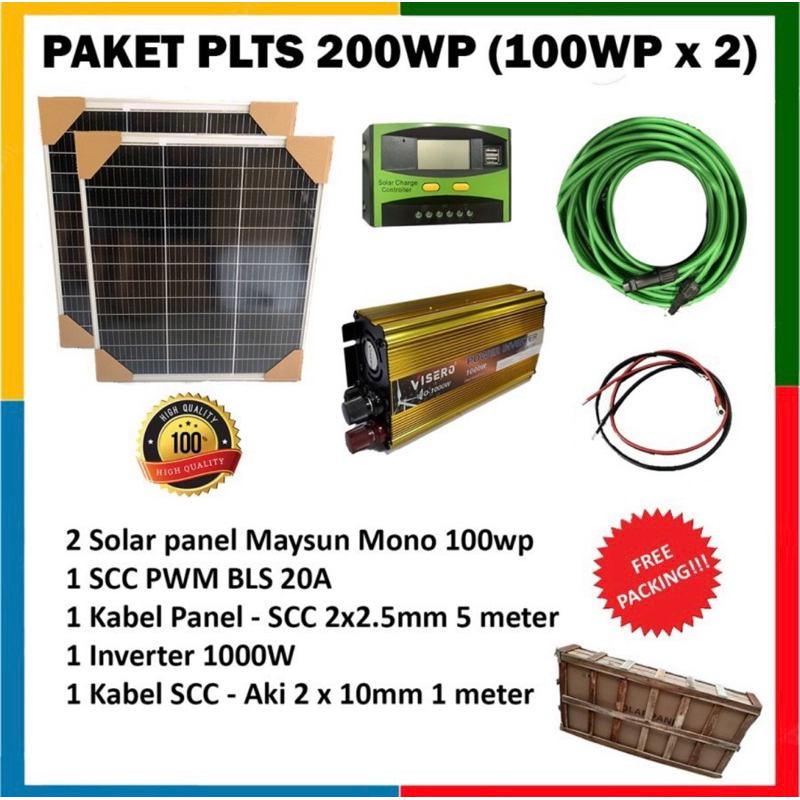 Paket PLTS 200WP Aki 100ah Inverter 1000W