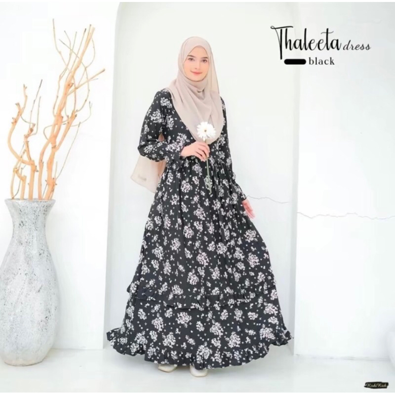 Riskiric thaleeta gamis muslimah motif bunga cantik model keinian bahan crinkle premium