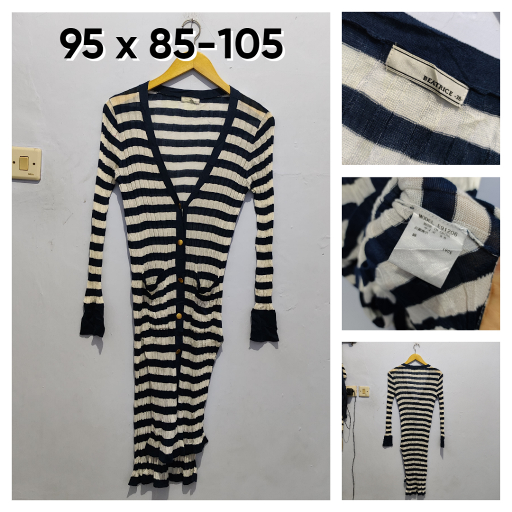 Long Cardigan Beatrice V Neck Size M Navy Salur BW Broken White Wanita Cardi Cewek Outer Rajut Knit