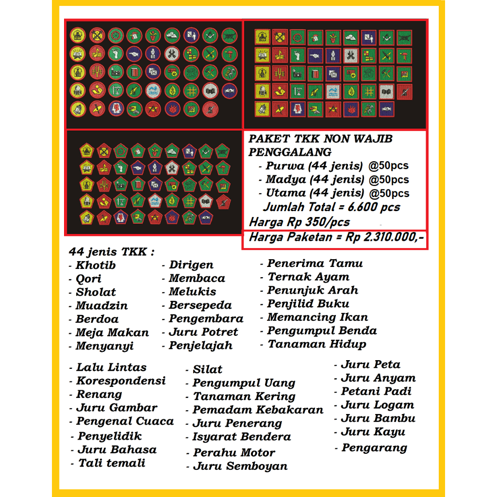 Paket Badge TKK Penggalang Non Wajib (purwa, madya, utama) @50pcs per tkk