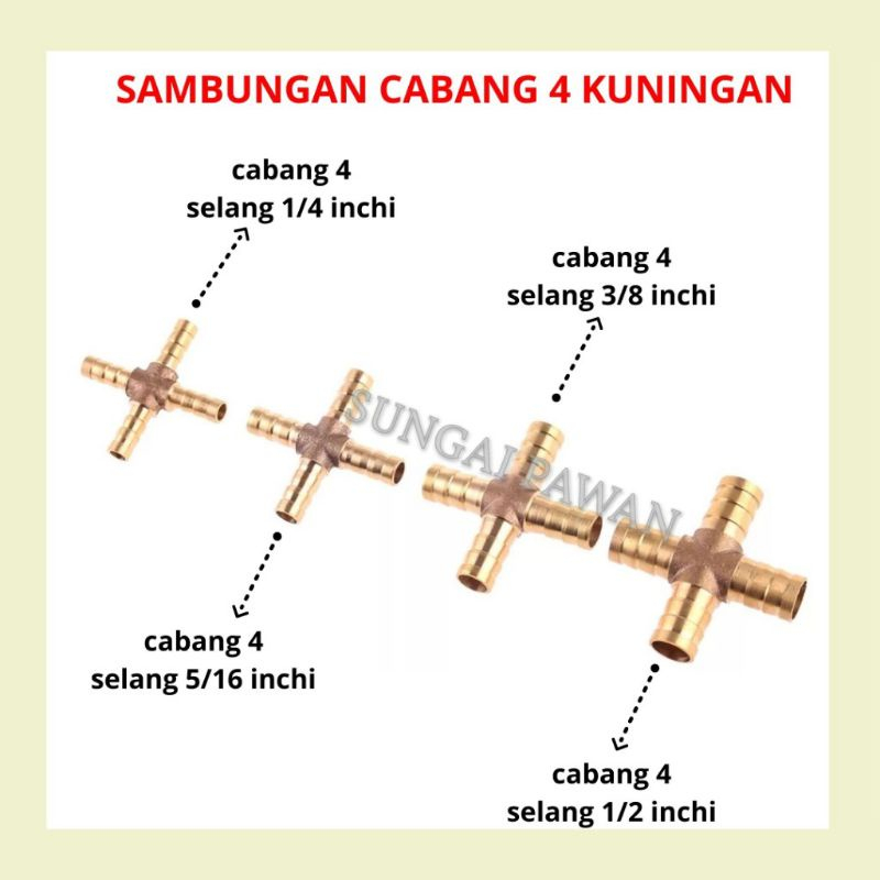 Sambungan connector penyambung konektor cross cabang 4 empat hose selang 1/2 - 3/8 - 5/16 - 1/4 inch