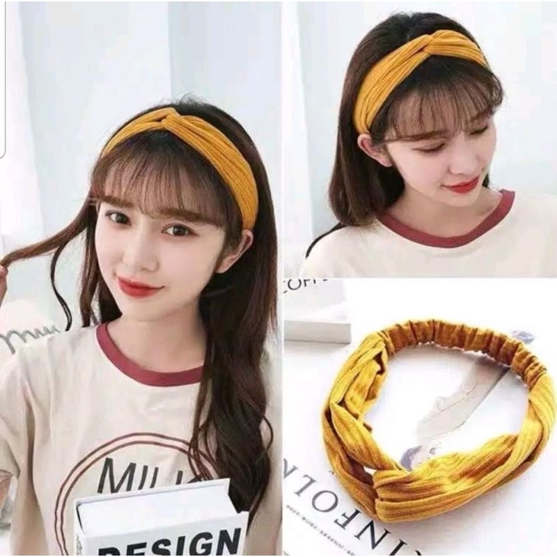 Bandana Rambut Korea Bando Kain Polos Salur Bandana Salur Simpul Kain