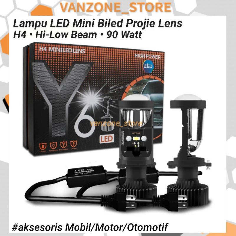 Y6D H4 Lampu Depan Mobil LED Mini Projie Biled Lensa Proyektor Hi Lo Beam 90W Dengan Kipas Pendingin