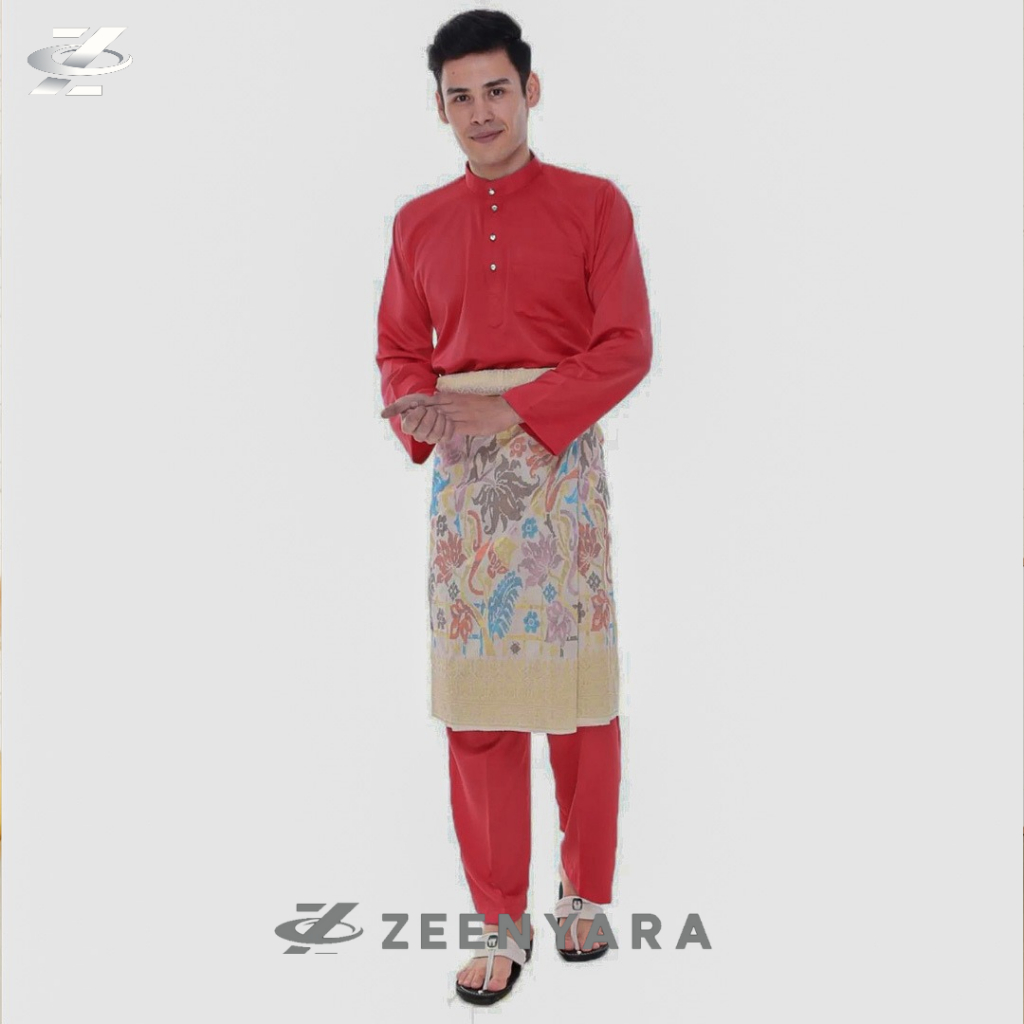 Ashraan Setelan Baju Melayu Pria Modern Katun Toyobo Merah Cabe Pakaian Koko Muslim Cekak Musang Ada