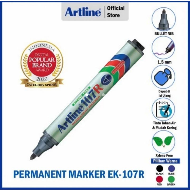 

ARTLINE Spidol Permanen Permanent CLIP Marker Refillable 1,5mm BISA DIISI ULANG EK-107R