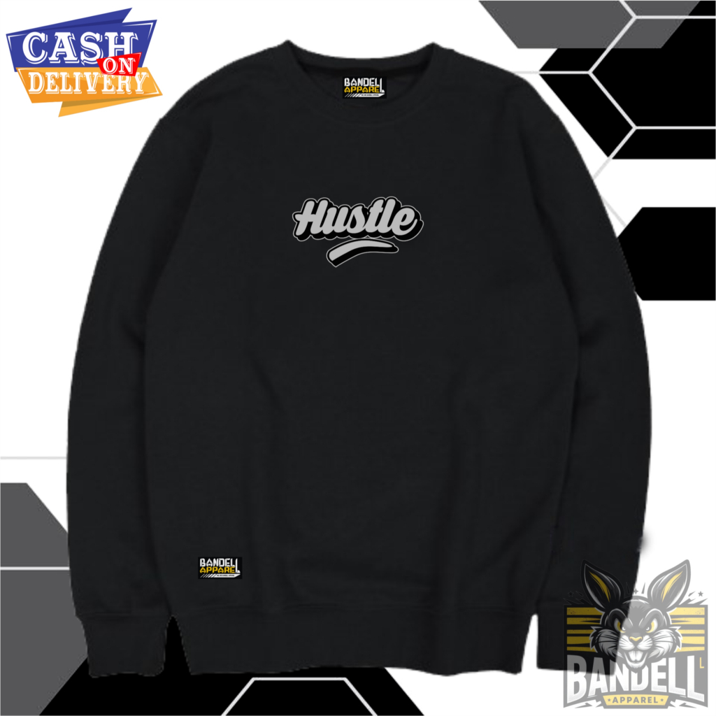 BNDL Sweater Crewneck Warna Hitam Hustle Tebal Fleece Unisex Sweater Cowok Cewek Kekinian