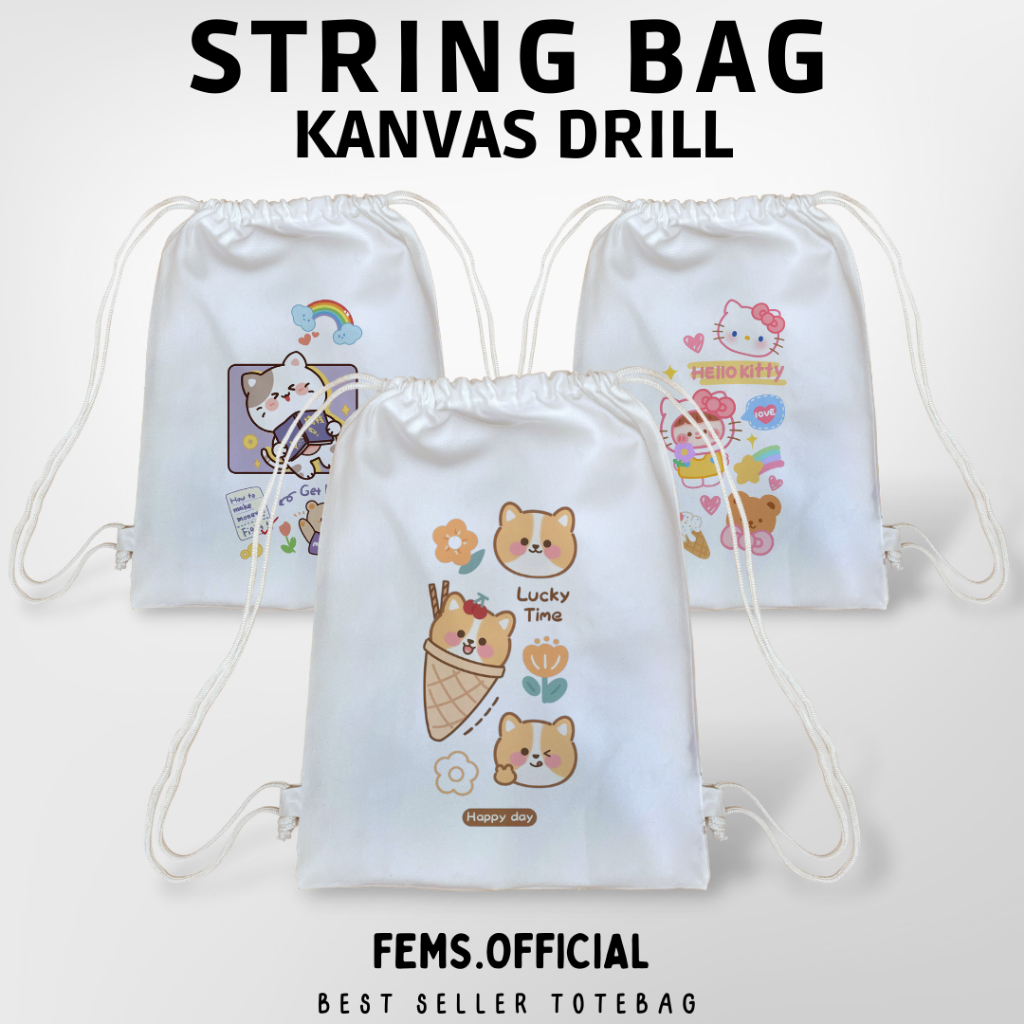 Tas Serut Kanvas Aesthetic String bag Kartun Putih Premium