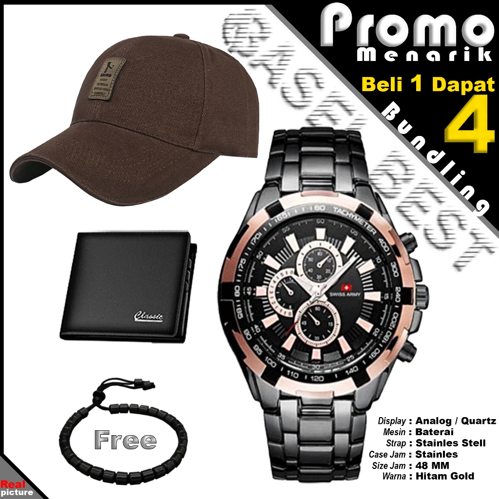 (COD) Bundling 4in1 Termurah Jam Tangan Rantai Pria Sporty Keren Stainless Steel + Topi Baseball + D