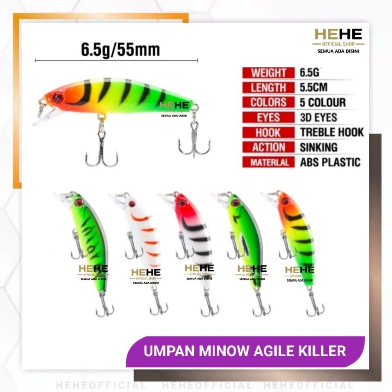 Minnow Umpan Pancing Ikan Siking Agile Killer Ultra Jos 6.5 Gram 55 MM Minow Memancing Mino Minou Ba