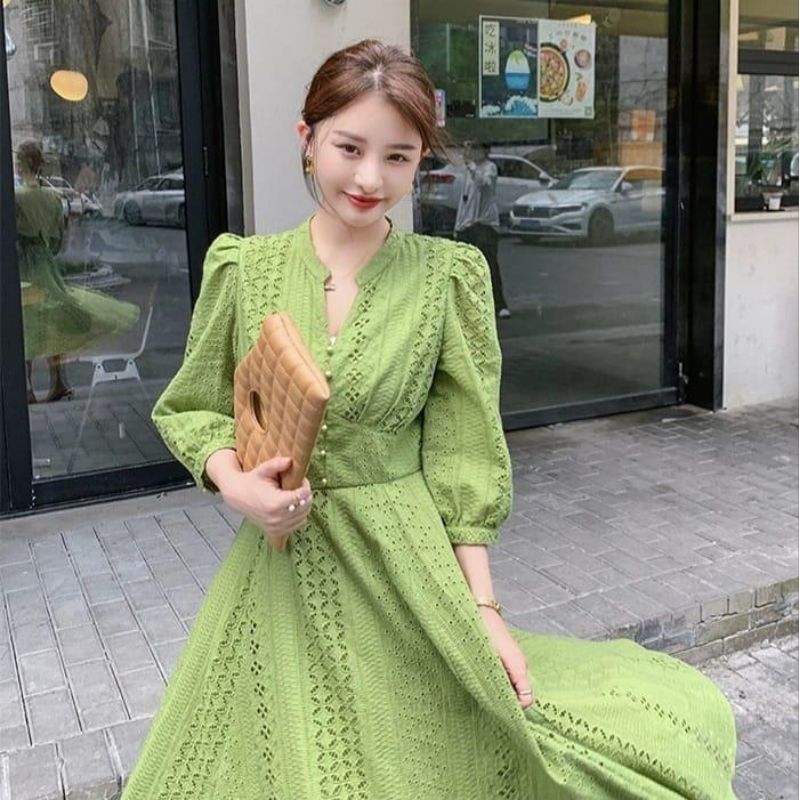 59003 Baju mididress LEYLIA EMBROIDERED COTTON FLARE KATBOL KATUN BOLONG dres bordir vneck Korea Kor