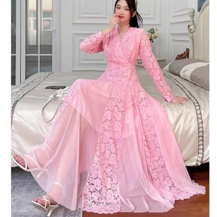 51901 Baju MAXIDRESS AZIRA LACE PATCHWORK MAXI DRESS lengan panjang brokat dres vneck Korea Korean s