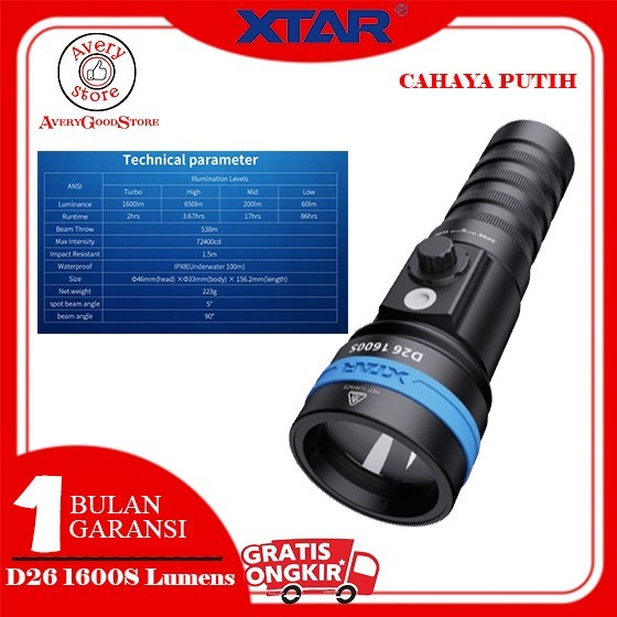 XTAR D26 1600S LUMENS, SENTER DIVING, HI BEAM 432M, FLASHLIGHT DIVING, SENTER SELAM