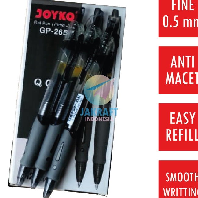 

Super 12 Pcs Pulpen Gel Pen Klik JOYKO GP265 Q GEL Hitam Black 5 mm Anti Macet Luntur