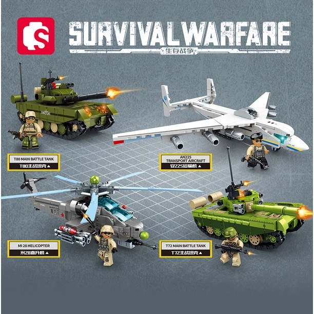 Sembo 207082- 207085 Survival Tank Helicopter Airplance Military brick