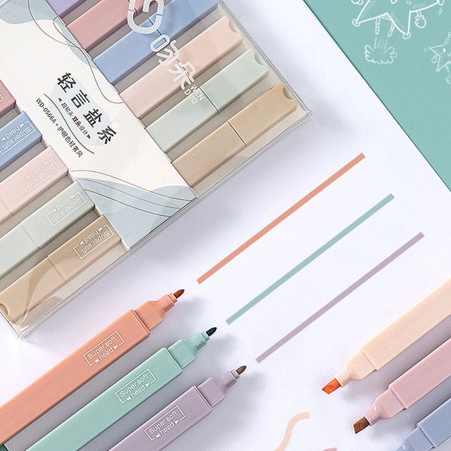 

Super 6 PCS Macaron Double Tip Highlighter Pens Art Marker Kawaii Candy Color Manga Colored Pen Soft Tip Stationery Student Supplies