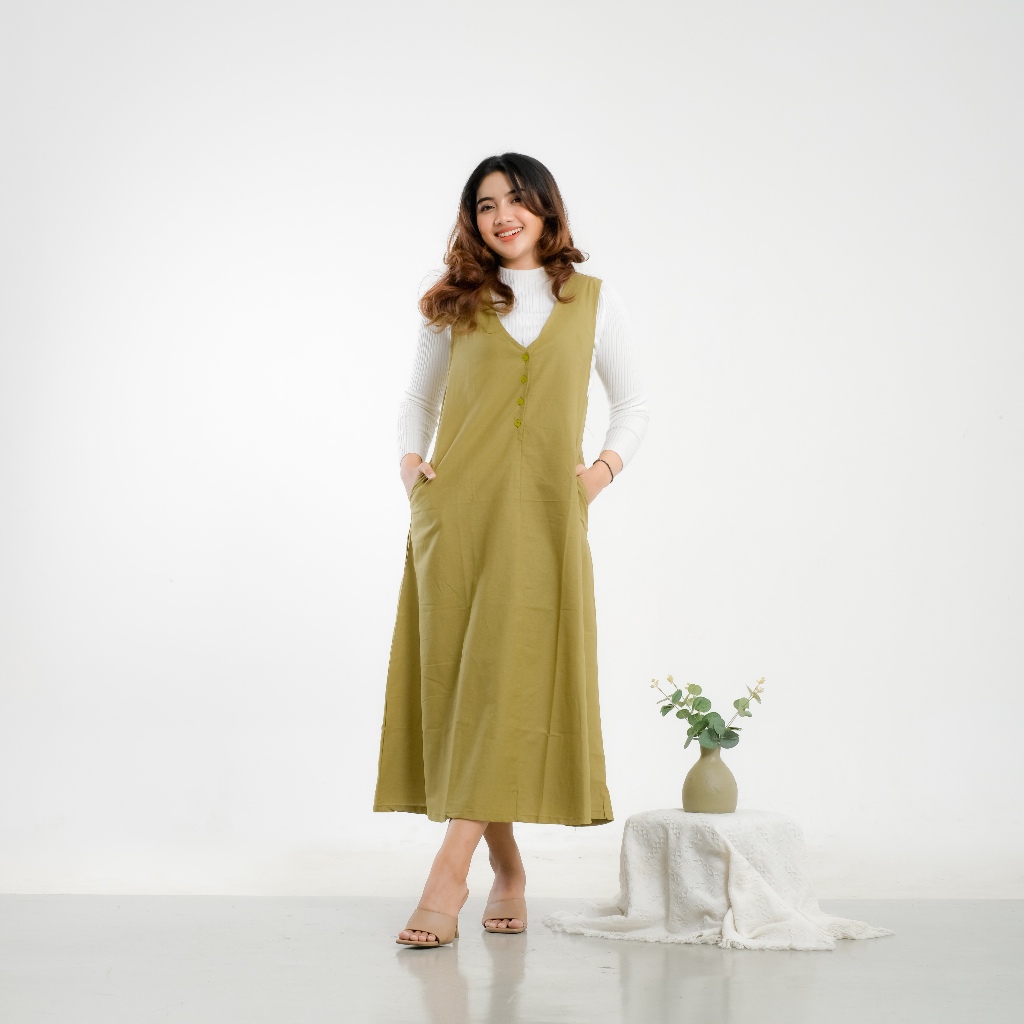 Haura Overall Polos Linen Long Dress Korean Look Kancing Depan