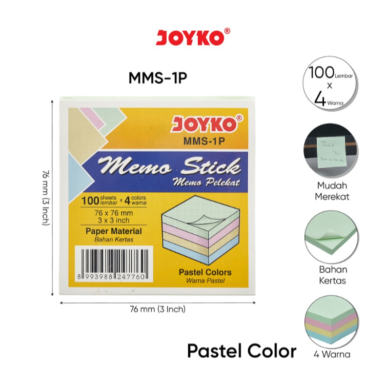 

Memo Stick Kertas Memo Tempel Sticky Note Joyko MMS-1P 1 Pak 4 Warna Pastel x 100 Lembar