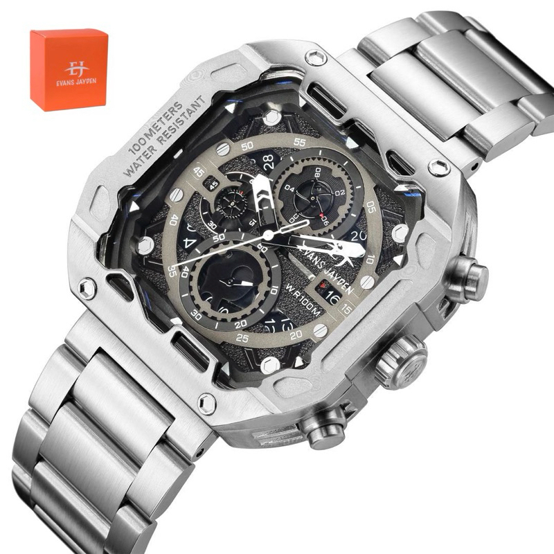 Jam Tangan Evans Jayden 9596 Original Sapphire Chronograph Full Stainless Steel Include