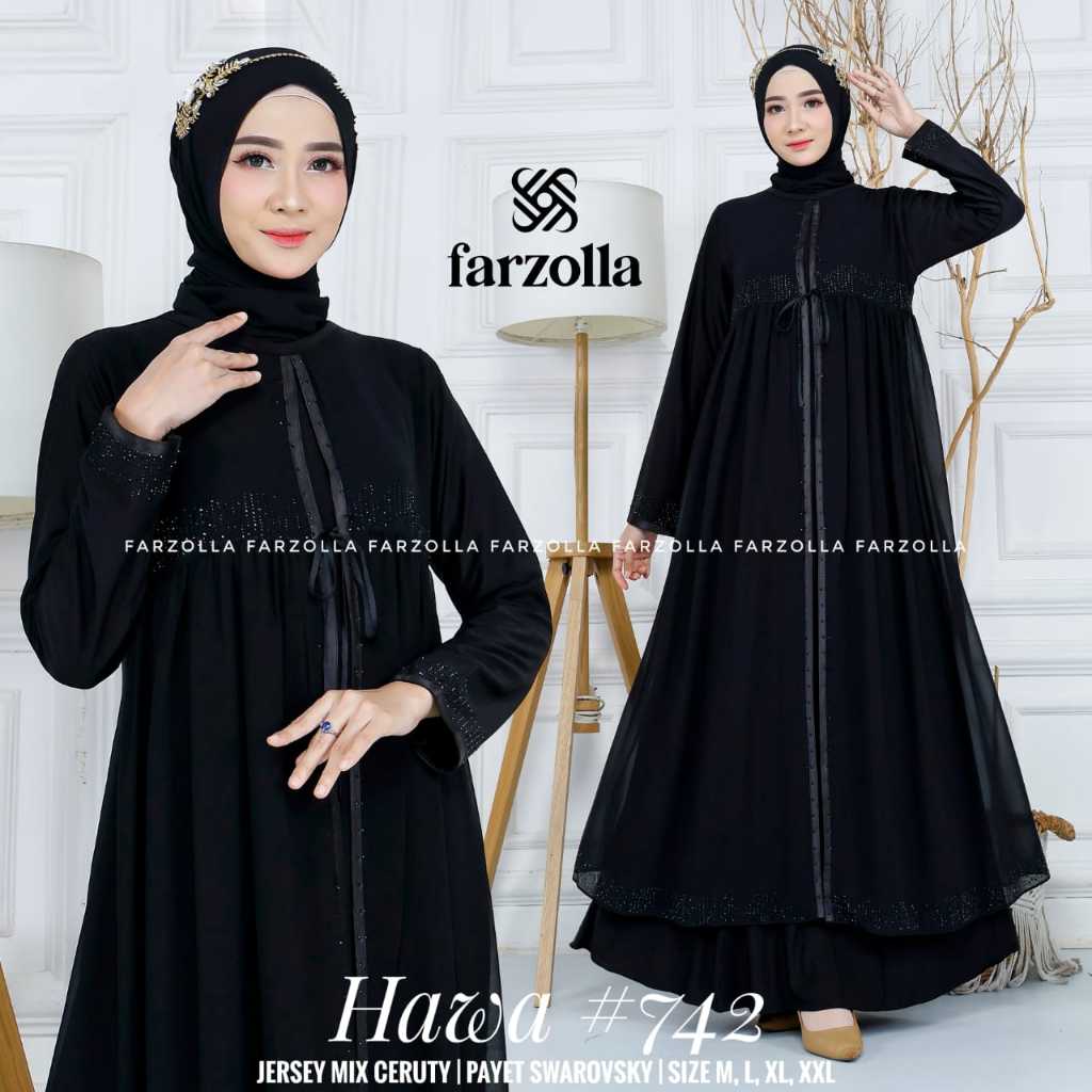Hawa 742 Gamis Abaya Full Hitam Mewah Jersey Premium Mix Ceruti Aplikasi Mote Ori