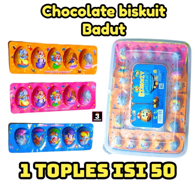 

Chocolate Biskuit Badut 1 Toples Isi 50 Strips