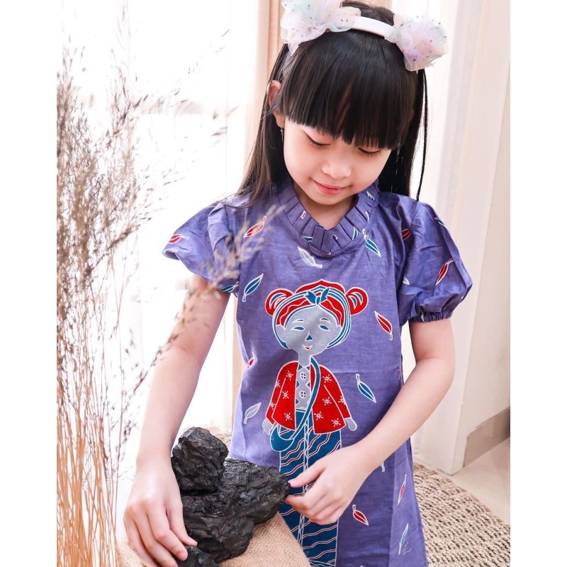 DRESS BATIK ANAK BU TEDJO RUFFLE KERAH WARNA KUNING HITAM PINK UNGU MERAH MAGENTA COCOK UNTUK COUPLE