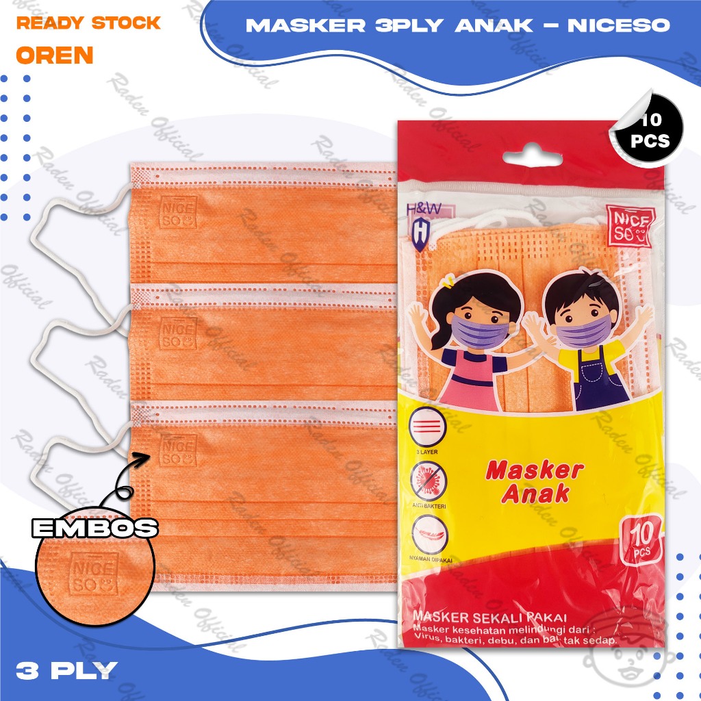 Masker Anak Medis 3Ply NICESO Isi 10Pcs Warna Oren Orange 3 Ply Earloop Surgical Mask Kemenkes