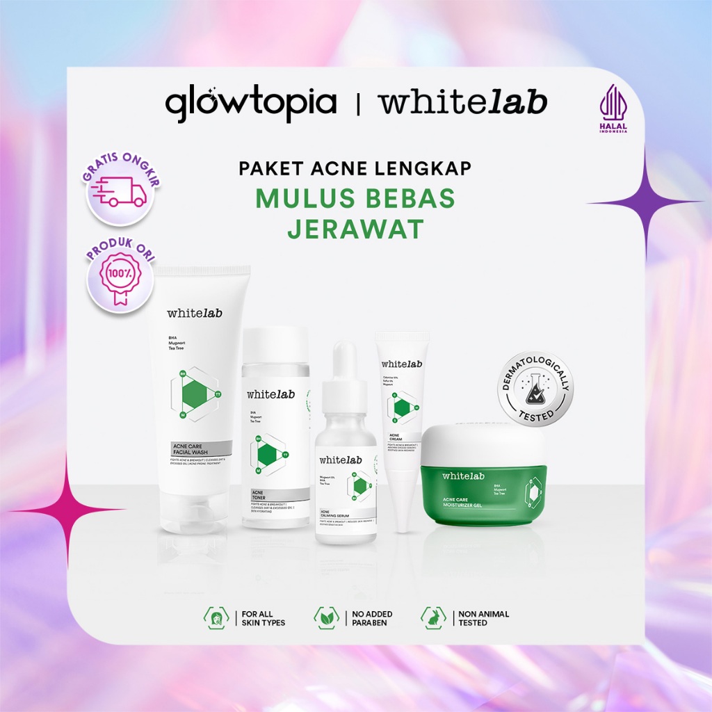 Whitelab 5pcs Paket Acne Lengkap - Facial Wash, Toner, Serum, Moisturizer, Acne Cream Paket Skincare