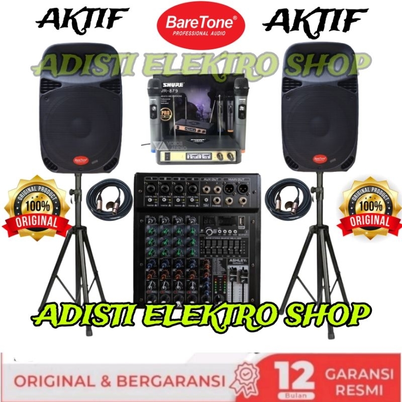 PAKET KARAOKE AKTIF SPEAKER BARETONE 15 INCH MIXER ASHLEY 4 CHANNEL PAKER KARAOKE BARETONE 15INCH AK