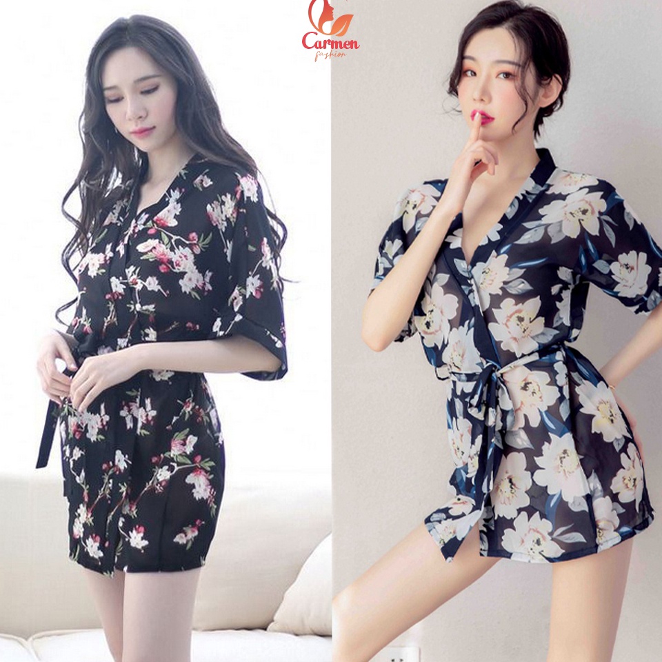 KODE U16J Baju Tidur Wanita Model Kimono Transparant Sexy With G String Motif Bunga  Floral Kimono L